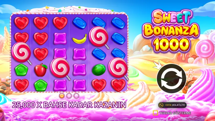 Sweet Bonanza 1000 açılış ekranı, orta volatilite ve 25.000x kazanç yazısı