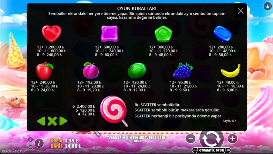 Sweet Bonanza ödeme tablosu, 24 TL bahiste sembollerin ödemeleri ve lolipop scatter